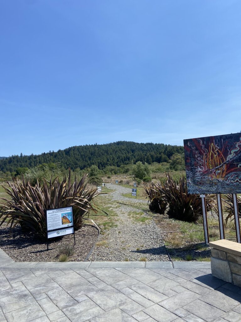 image of mountain and sky with storywalk signs posted along a trail